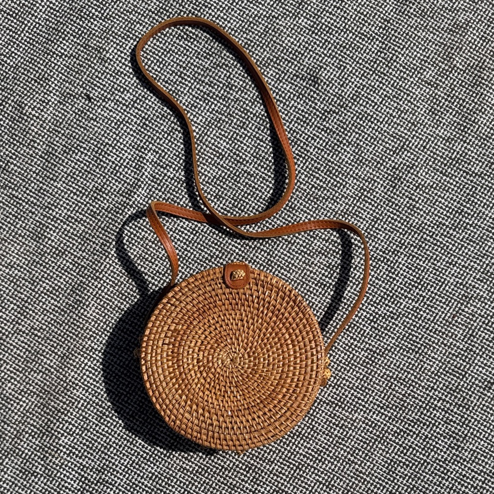 Round Woven Tan Crossbody Bag